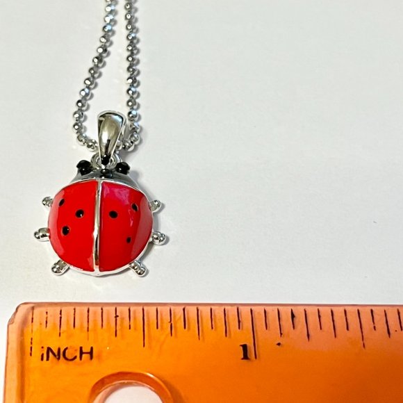 Silver Red Ladybug Pendant Necklace Crystal Plated 17" Chain Insect Enamel - Picture 10 of 11